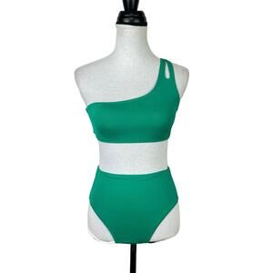 Mono B Kelly Green One Shoulder Double Strap High Waist 2 Piece Bikini Set